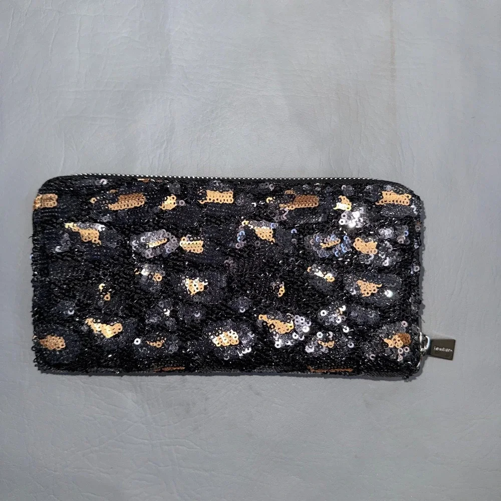Brentano Leopard Sequin Zip Around Wristlet Wallet Black Gold NEW